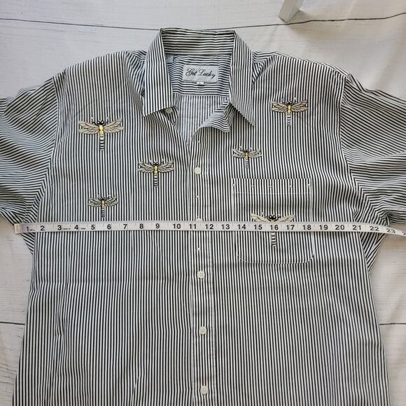 Get Lucky Size L Sequined Dragonfly Striped Button Up Shirt Mature Nature - Picture 7 of 9